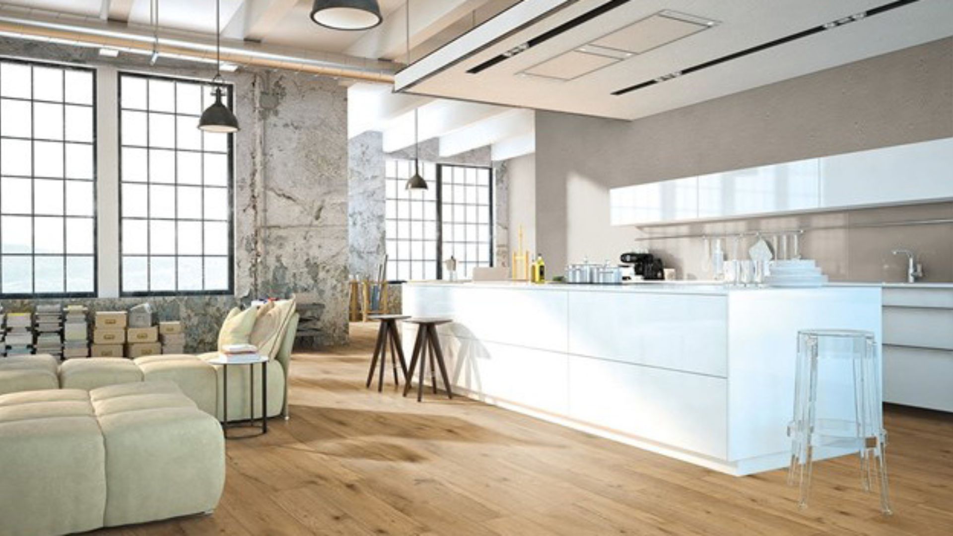 wood look laminate flooring in a large open kitchen and living room for Fresno CA homes